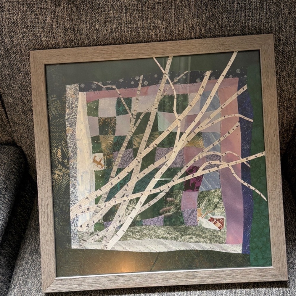 Audrey Nichols Winter Birches Giclee Print Fabric Collage Framed Maine Art 17.5"